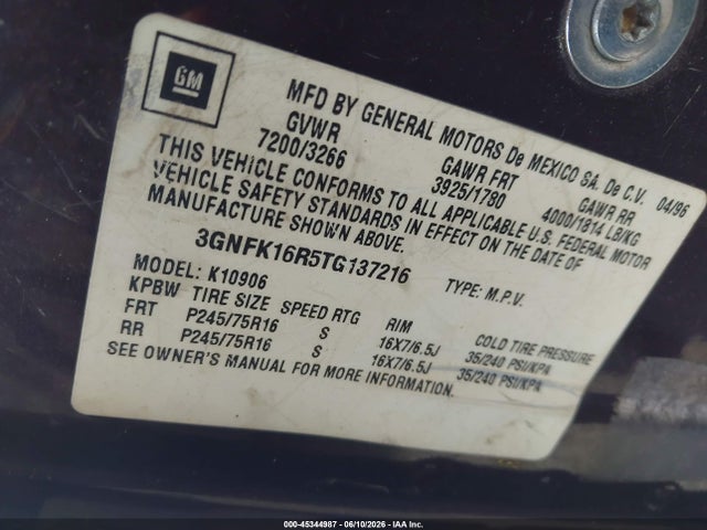 Aukcja sprzedaży 1996 Chevrolet Suburban K1500, vin: 3GNFK16R5TG137216, numer aukcji: 45344987