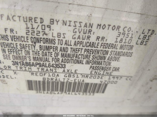 Aukcja sprzedaży 2010 Nissan Sentra 2.0s, vin: 3N1AB6AP9AL643533, numer aukcji: 45344998