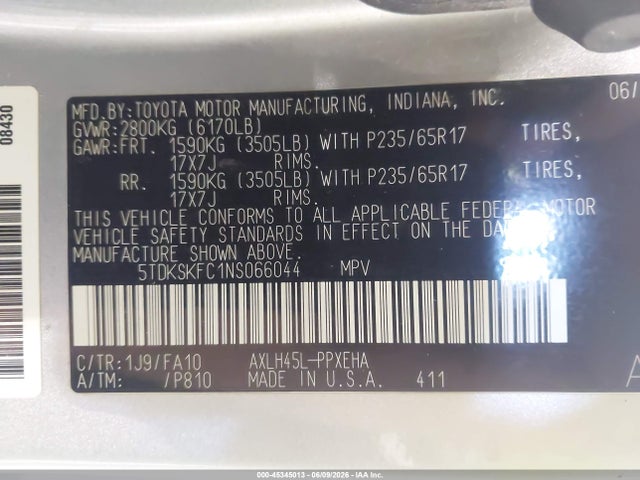 Aukcja sprzedaży 2022 Toyota Sienna Le, vin: 5TDKSKFC1NS066044, numer aukcji: 45345013