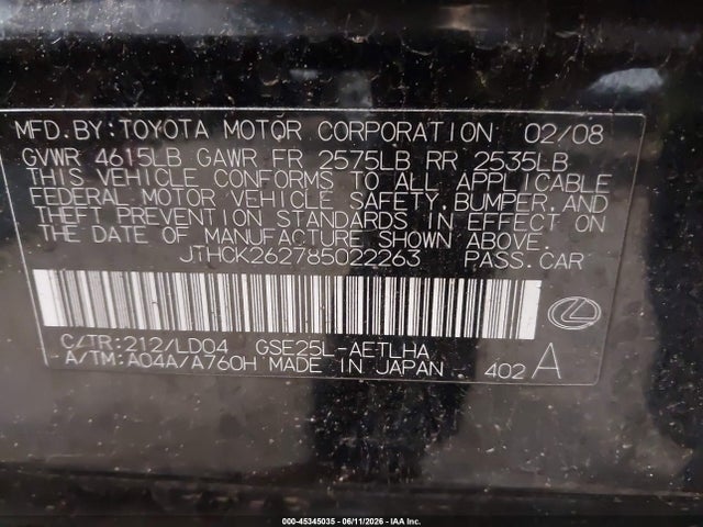 45345035 :رقم المزاد ، JTHCK262785022263 vin ، 2008 Lexus Is 250 مزاد بيع