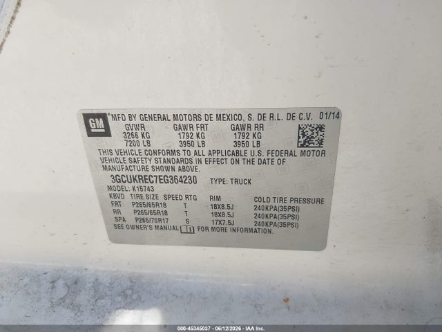 45345037 :رقم المزاد ، 3GCUKREC7EG364230 vin ، 2014 Chevrolet Silverado 1500 Lt مزاد بيع