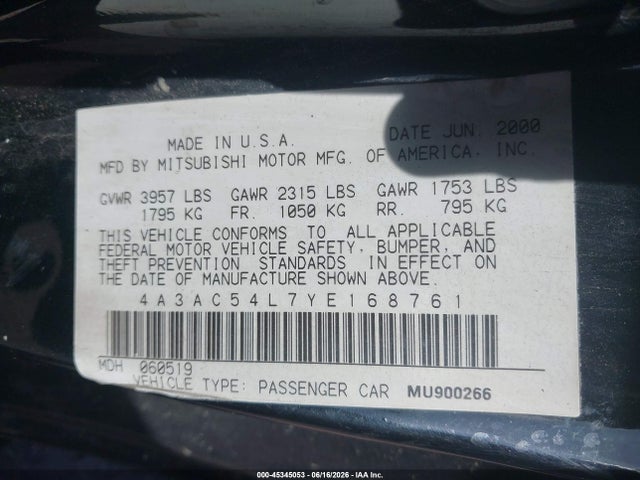 Продажа на аукционе авто 2000 Mitsubishi Eclipse Gt, vin: 4A3AC54L7YE168761, номер лота: 45345053