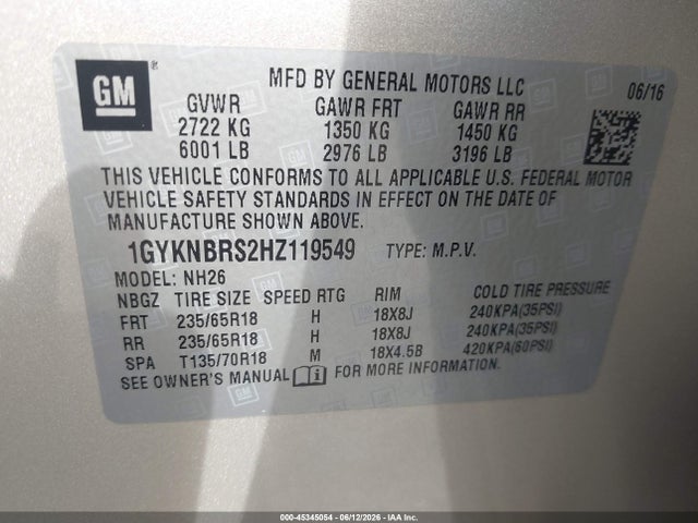 Aukcja sprzedaży 2017 Cadillac Xt5 Luxury, vin: 1GYKNBRS2HZ119549, numer aukcji: 45345054