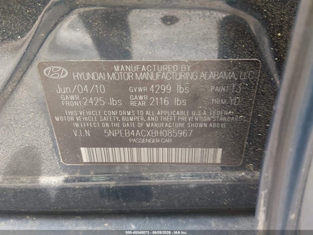Aukcja sprzedaży 2011 Hyundai Sonata Gls, vin: 5NPEB4ACXBH085967, numer aukcji: 45345073