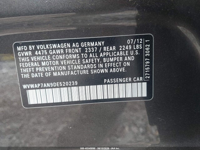 45345098 :رقم المزاد ، WVWAP7AN9DE520239 vin ، 2013 Volkswagen Cc 2.0t Sport مزاد بيع