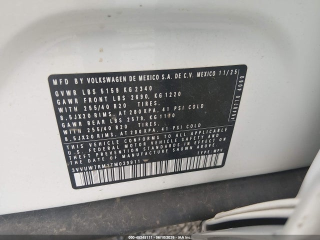 45345111 :رقم المزاد ، 3VVUW7RM1TM039911 vin ، 2026 Volkswagen Tiguan Sel R-line Turbo مزاد بيع