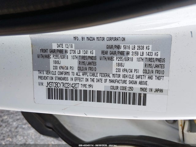 2019 Mazda Cx-9 Touring მანქანა იყიდება აუქციონზე, vin: JM3TCBCY7K0314207, აუქციონის ნომერი: 45345114