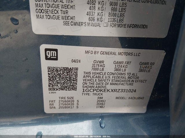 Продаж на аукціоні авто 2024 Chevrolet Silverado 1500 4wd  Short Bed Lt With 2fl, vin: 1GCPDKEKXRZ331024, номер лоту: 45345146