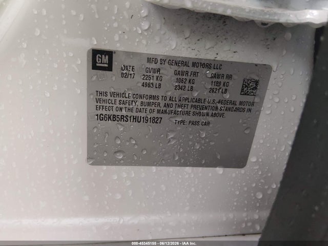 2017 Cadillac Ct6 Standard მანქანა იყიდება აუქციონზე, vin: 1G6KB5RS1HU191827, აუქციონის ნომერი: 45345155