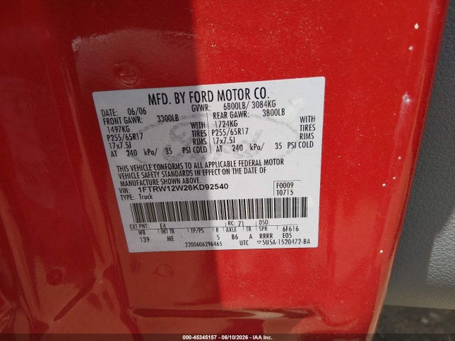 Продаж на аукціоні авто 2006 Ford F-150 Xlt, vin: 1FTRW12W26KD92540, номер лоту: 45345157