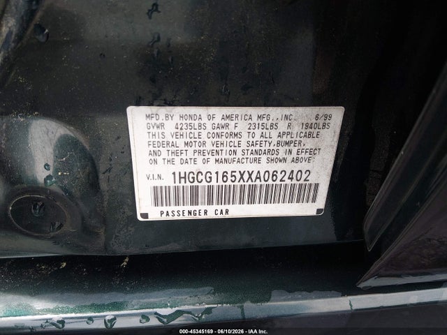 1999 Honda Accord Ex V6 მანქანა იყიდება აუქციონზე, vin: 1HGCG165XXA062402, აუქციონის ნომერი: 45345169