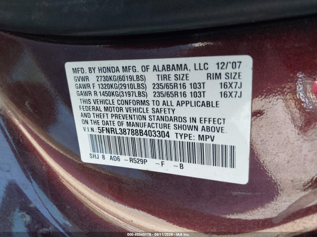 2008 Honda Odyssey Ex-l მანქანა იყიდება აუქციონზე, vin: 5FNRL38788B403304, აუქციონის ნომერი: 45345176