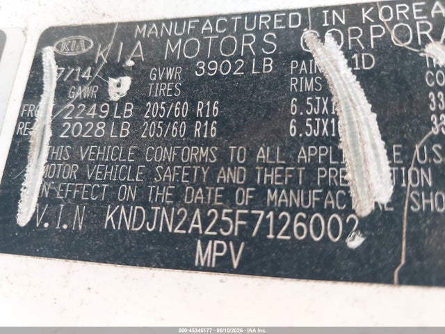 45345177 :رقم المزاد ، KNDJN2A25F7126002 vin ، 2015 Kia Soul مزاد بيع