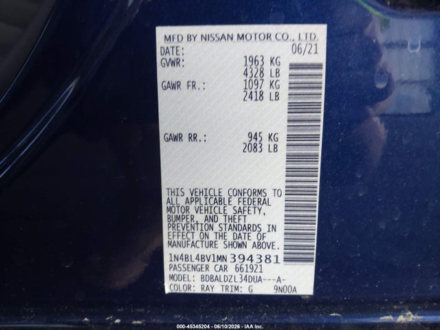 1N4BL4BV1MN394381 Nissan Altima S Fwd