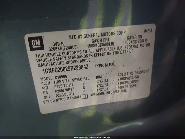 Продажа на аукционе авто 2009 Chevrolet Suburban 1500 Lt2, vin: 1GNFC26029R238842, номер лота: 45345212