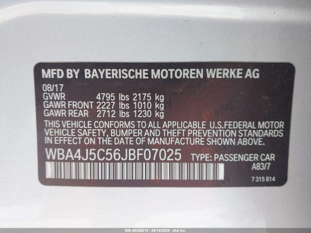 45345218 :رقم المزاد ، WBA4J5C56JBF07025 vin ، 2018 Bmw 440i Gran Coupe مزاد بيع