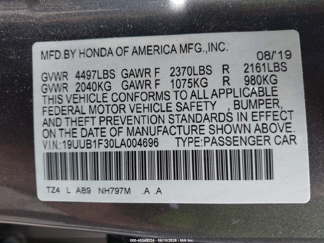 45345224 :رقم المزاد ، 19UUB1F30LA004696 vin ، 2020 Acura Tlx Standard مزاد بيع