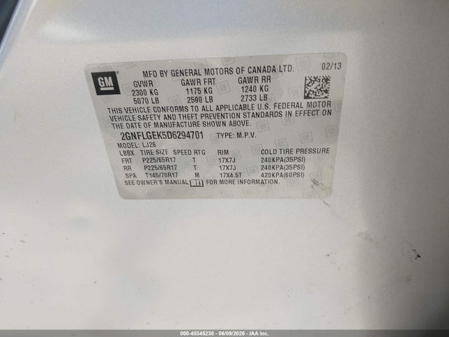 Продаж на аукціоні авто 2013 Chevrolet Equinox Ltz, vin: 2GNFLGEK5D6294701, номер лоту: 45345230
