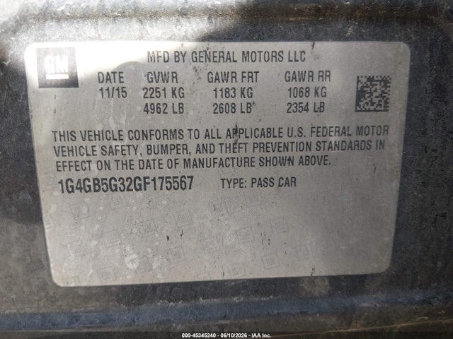 45345240 :رقم المزاد ، 1G4GB5G32GF175567 vin ، 2016 Buick Lacrosse Leather مزاد بيع