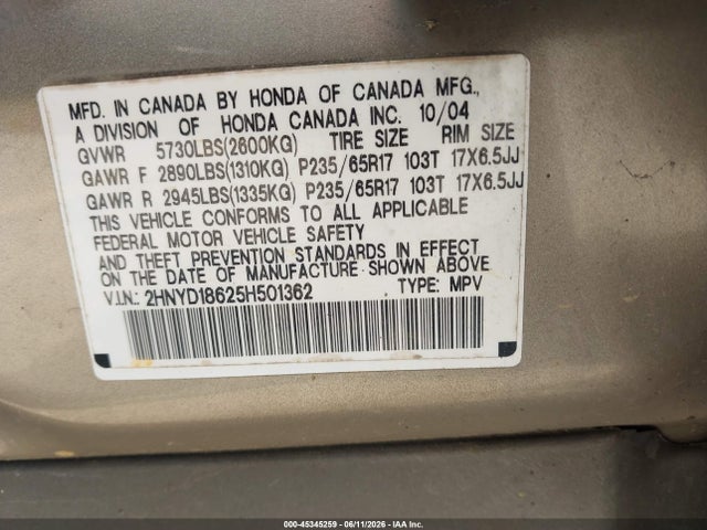 Aukcja sprzedaży 2005 Acura Mdx, vin: 2HNYD18625H501362, numer aukcji: 45345259