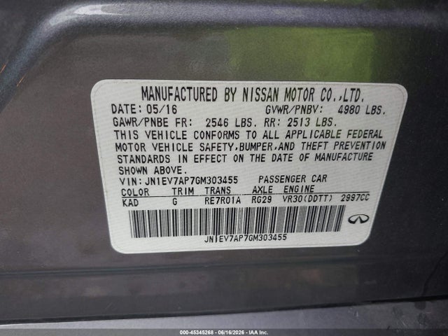 Продаж на аукціоні авто 2016 Infiniti Q50 3.0t Premium, vin: JN1EV7AP7GM303455, номер лоту: 45345268