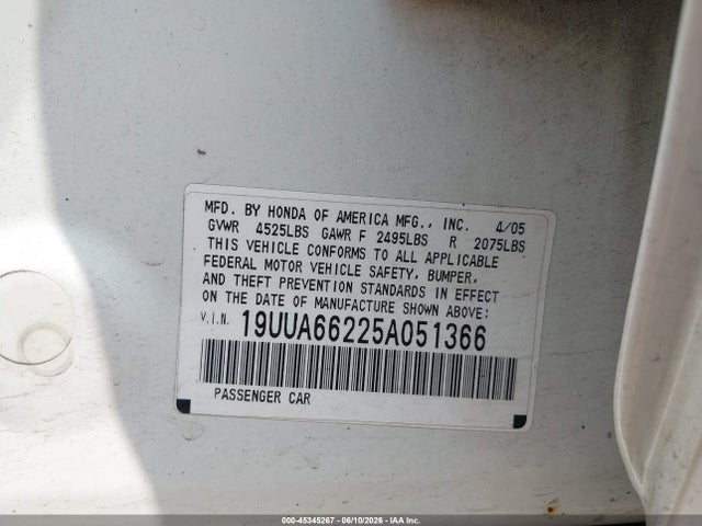 2005 Acura Tl მანქანა იყიდება აუქციონზე, vin: 19UUA66225A051366, აუქციონის ნომერი: 45345267