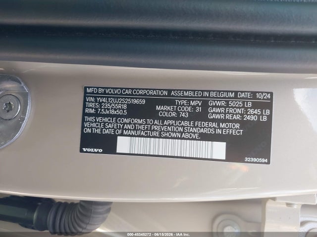 45345272 :رقم المزاد ، YV4L12UJ2S2519659 vin ، 2025 Volvo Xc40 B5 Core Bright Theme مزاد بيع