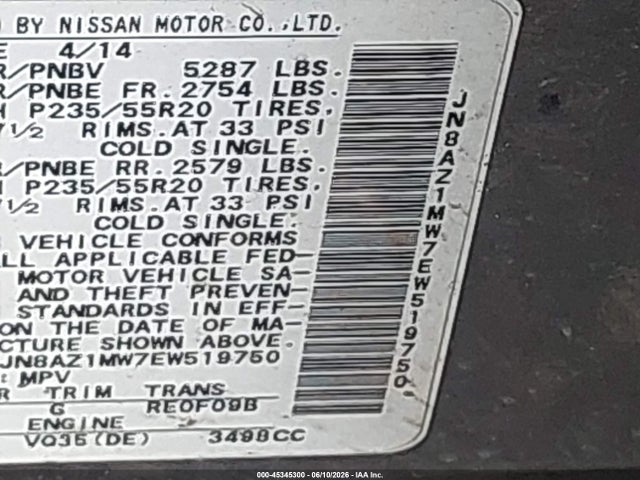 Aukcja sprzedaży 2014 Nissan Murano S/sl/sv/le, vin: jn8a21mw7ew519750, numer aukcji: 45345300