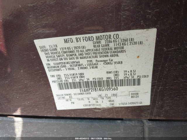 Aukcja sprzedaży 2019 Ford Taurus Limited, vin: 1FAHP2F81KG109560, numer aukcji: 45345312