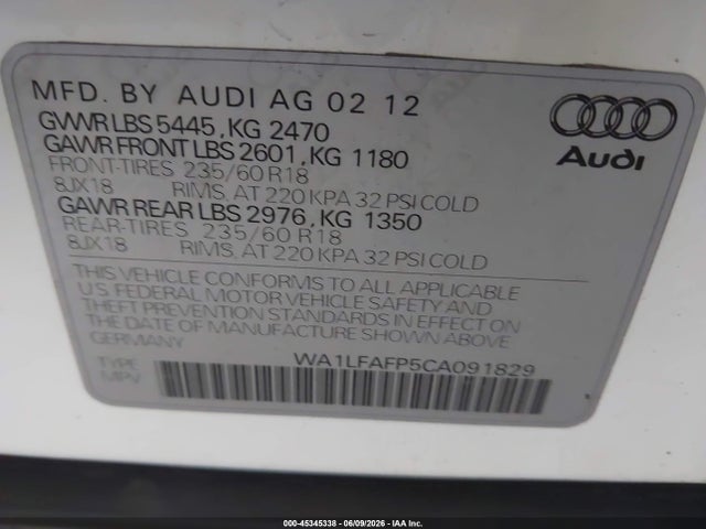 Aukcja sprzedaży 2012 Audi Q5 2.0t Premium, vin: WA1LFAFP5CA091829, numer aukcji: 45345338