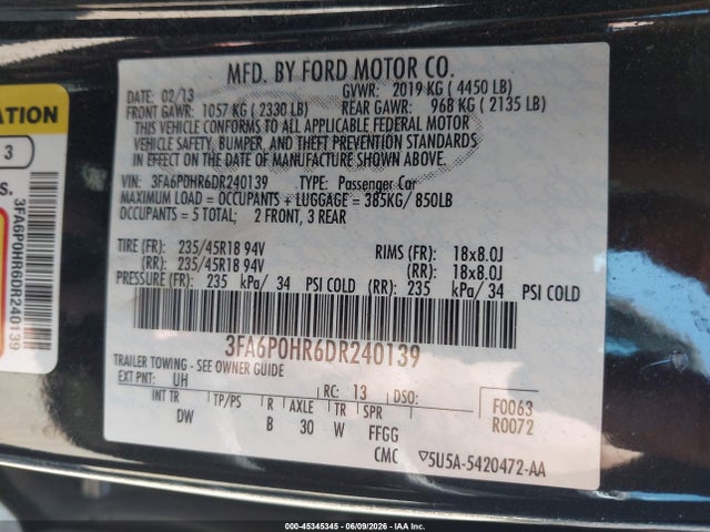 Aukcja sprzedaży 2013 Ford Fusion Se, vin: 3FA6P0HR6DR240139, numer aukcji: 45345345