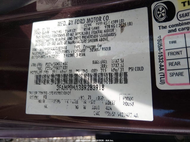 45345348 :رقم المزاد ، 3FAHP0HA3BR283918 vin ، 2011 Ford Fusion Se مزاد بيع