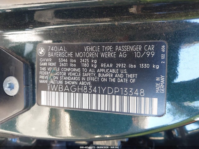 Aukcja sprzedaży 2000 Bmw 740il, vin: WBAGH8341YDP13348, numer aukcji: 45345372