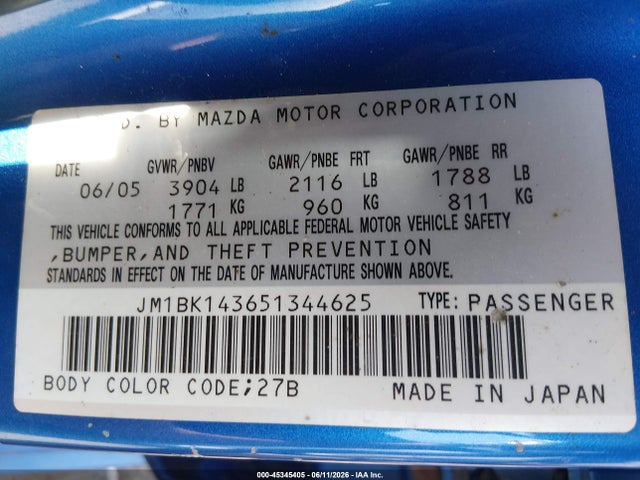 Продаж на аукціоні авто 2005 Mazda Mazda3 S, vin: JM1BK143651344625, номер лоту: 45345405