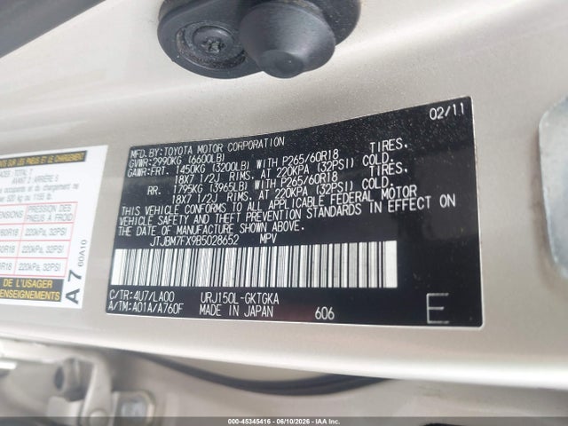 45345416 :رقم المزاد ، JTJBM7FX9B5028652 vin ، 2011 Lexus Gx 460 مزاد بيع