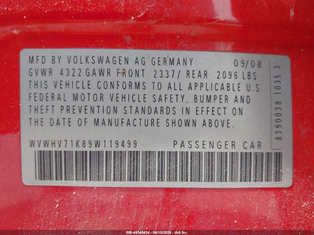 Aukcja sprzedaży 2009 Volkswagen Gti 4-door, vin: WVWHV71K89W119499, numer aukcji: 45345424