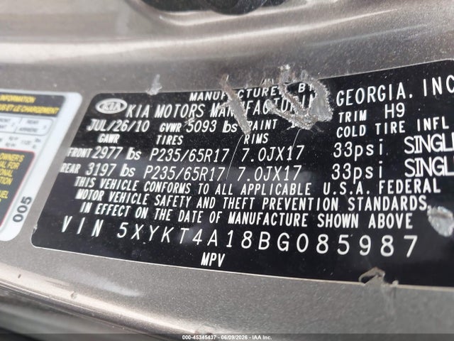 Aukcja sprzedaży 2011 Kia Sorento Lx, vin: 5XYKT4A18BG085987, numer aukcji: 45345437