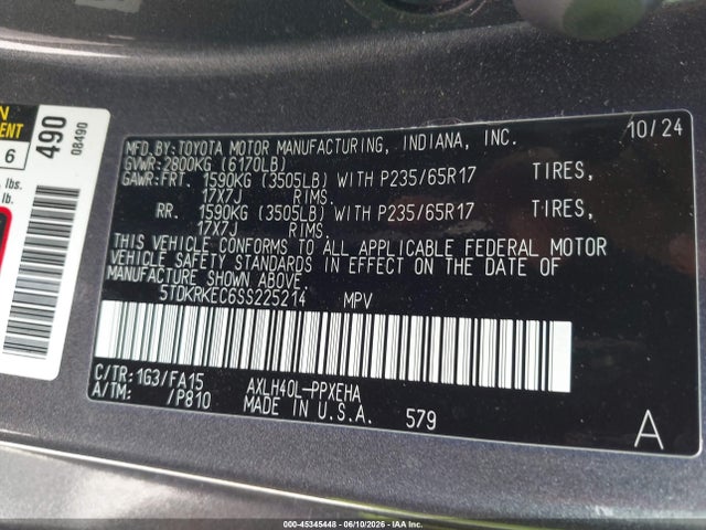 Aukcja sprzedaży 2025 Toyota Sienna Le, vin: 5TDKRKEC6SS225214, numer aukcji: 45345448