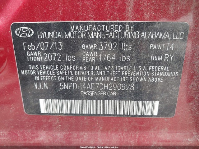 Продаж на аукціоні авто 2013 Hyundai Elantra Limited, vin: 5NPDH4AE7DH290628, номер лоту: 45345453