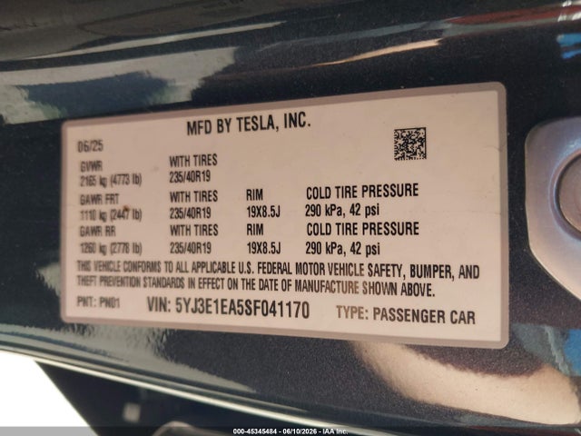 Auction sale of the 2025 Tesla Model 3 Long Range Rear-wheel Drive/standard Rear-wheel Drive, vin: 5YJ3E1EA5SF041170, lot number: 45345484