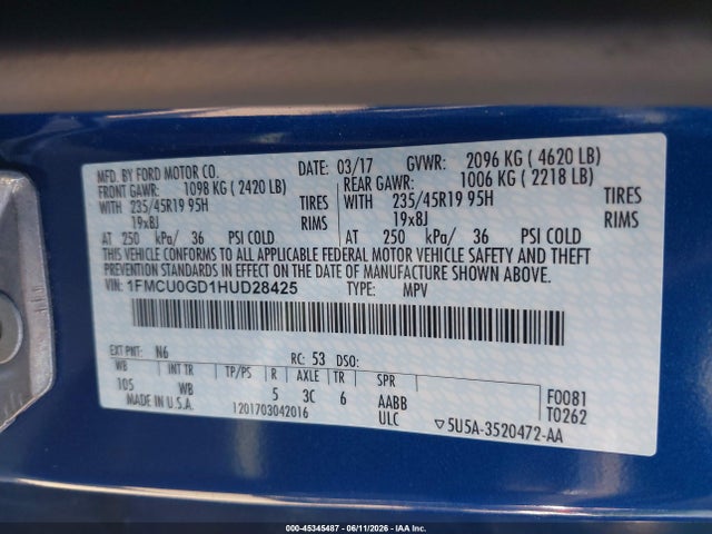 45345487 :رقم المزاد ، 1FMCU0GD1HUD28425 vin ، 2017 Ford Escape Se مزاد بيع