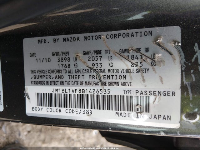 45345492 :رقم المزاد ، JM1BL1VF8B1426535 vin ، 2011 Mazda Mazda3 I Touring مزاد بيع