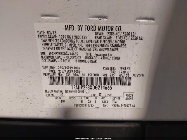 2013 Ford Taurus Limited მანქანა იყიდება აუქციონზე, vin: 1FAHP2F8XDG214665, აუქციონის ნომერი: 45345532