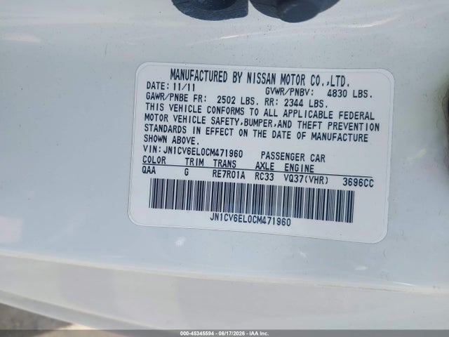 Продаж на аукціоні авто 2012 Infiniti G37x, vin: JN1CV6EL0CM471960, номер лоту: 45345594