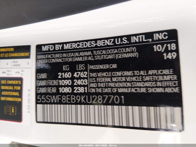 Aukcja sprzedaży 2019 Mercedes-benz C 300 4matic, vin: 55SWF8EB9KU287701, numer aukcji: 45345603