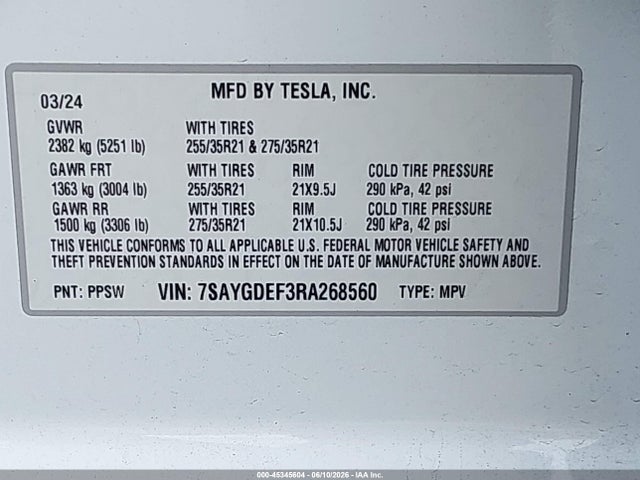 Продаж на аукціоні авто 2024 Tesla Model Y Performance Dual Motor All-wheel Drive, vin: 7SAYGDEF3RA268560, номер лоту: 45345604