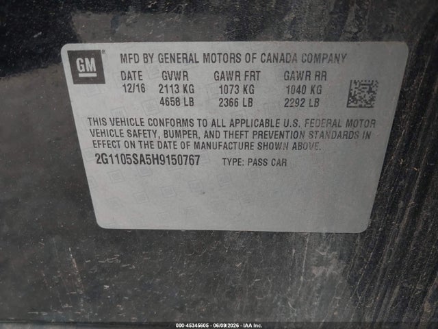 45345605 :رقم المزاد ، 2G1105SA5H9150767 vin ، 2017 Chevrolet Impala 1lt مزاد بيع