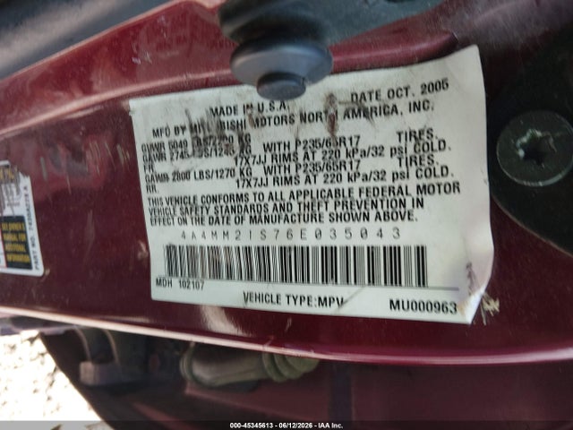 Продажа на аукционе авто 2006 Mitsubishi Endeavor Ls, vin: 4A4MM21S76E035043, номер лота: 45345613