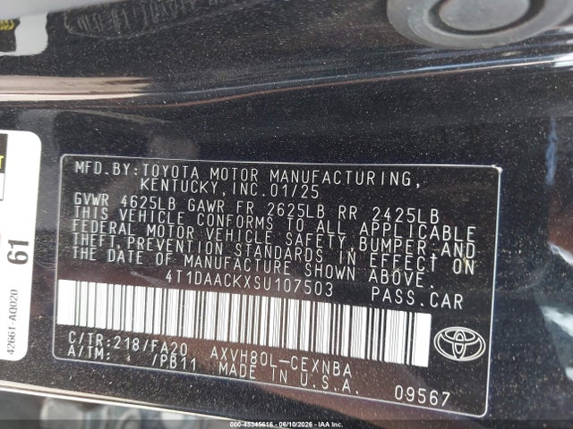 Aukcja sprzedaży 2025 Toyota Camry Le, vin: 4T1DAACKXSU107503, numer aukcji: 45345616