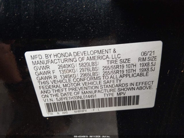 45345619 :رقم المزاد ، 5J8YE1H33NL014491 vin ، 2022 Acura Mdx Standard مزاد بيع
